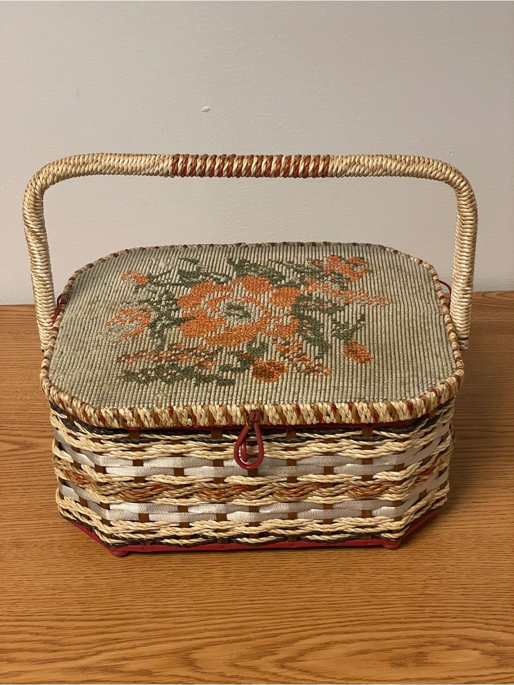 Vintage 1960’s Wicker Sewing Basket Red Satin Lined Tufted Pin Cushion Japan